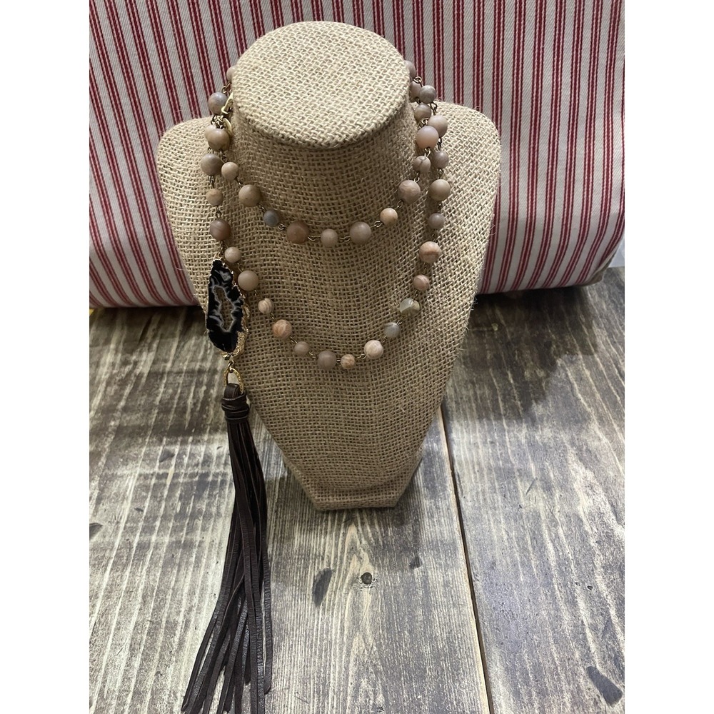 Luxe Natural Stone Bead Leather Tassel Necklace EUC